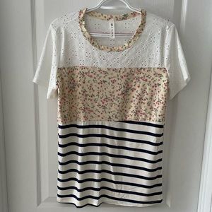 Eyelet Lace and Stripe Colour Block Tunic Top